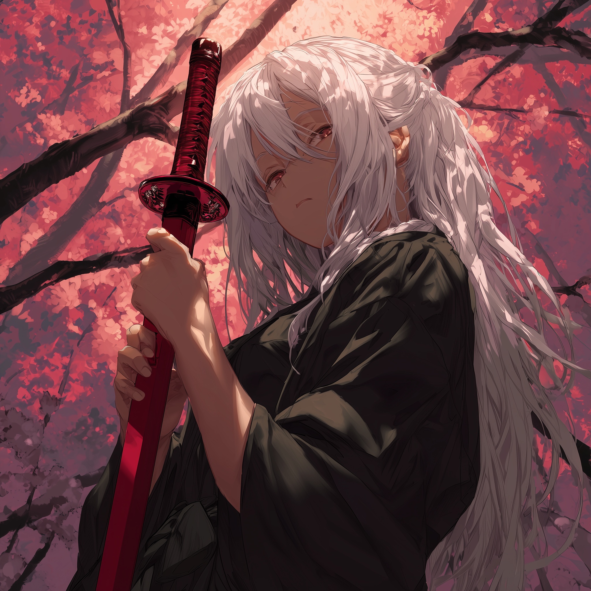 Dynamic Anime Swordswoman with Red Katana