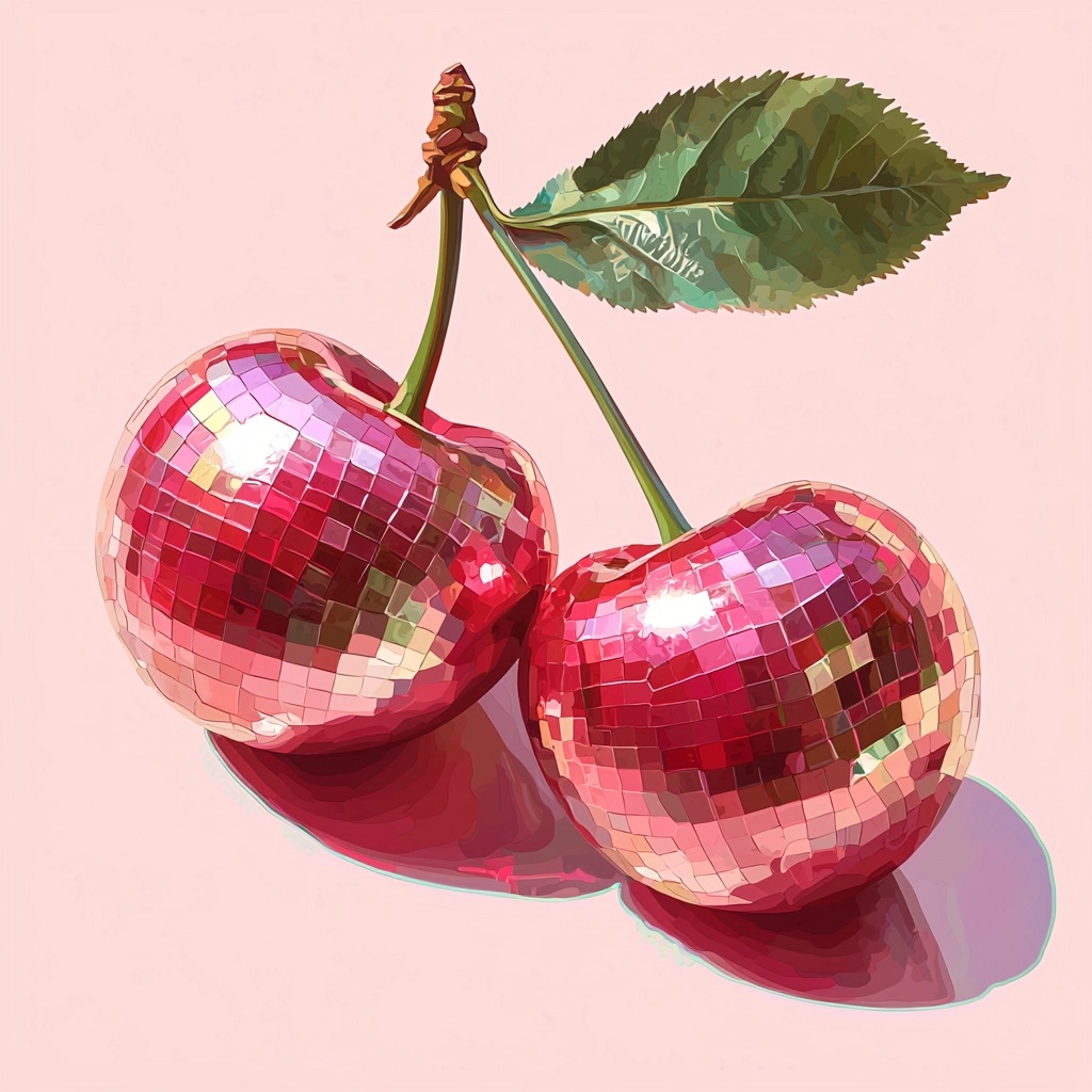 Vibrant Cherries with Disco Ball Texture Art