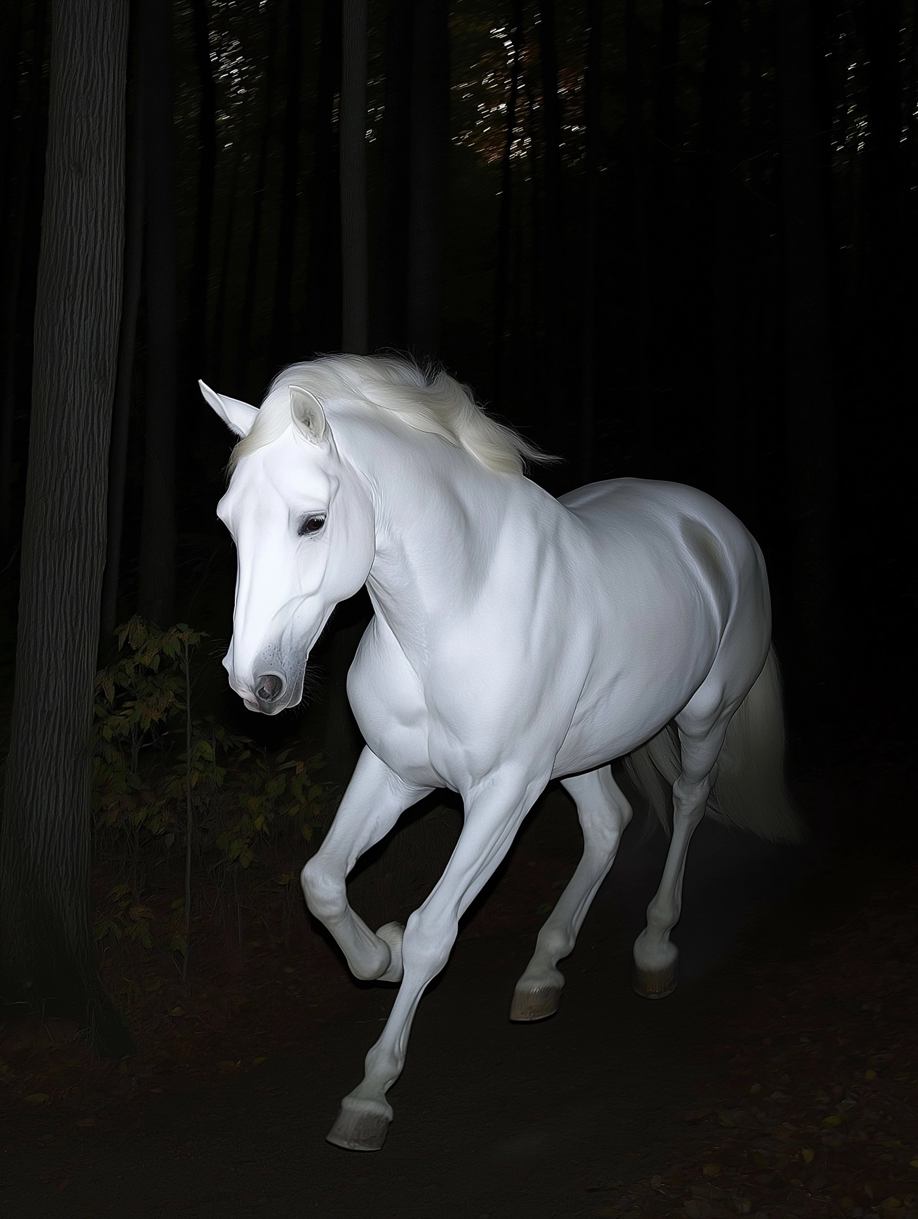 Albino Horse Galloping Through Enchanted Forest