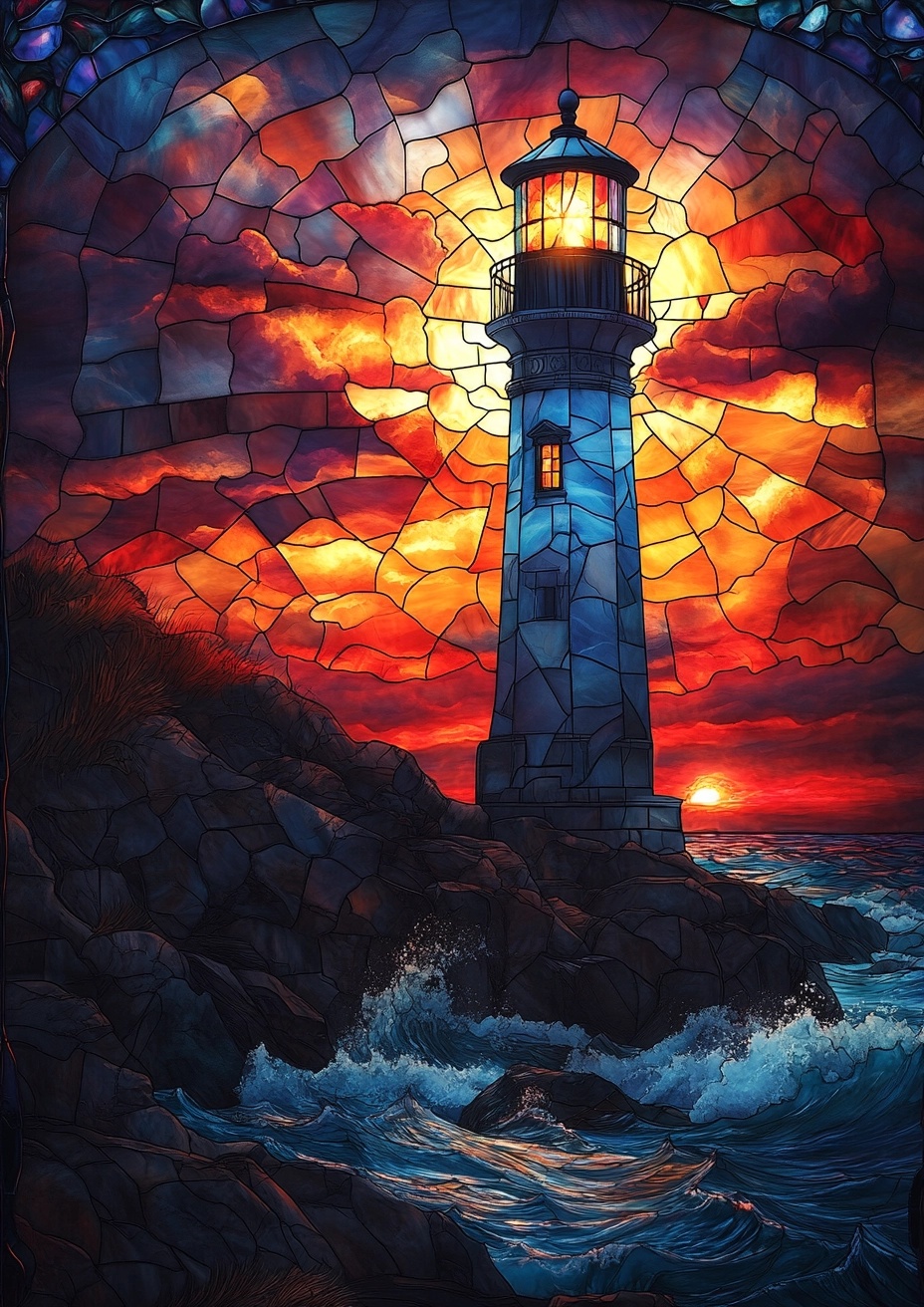 Majestic Stained-Glass Lighthouse at Sunrise