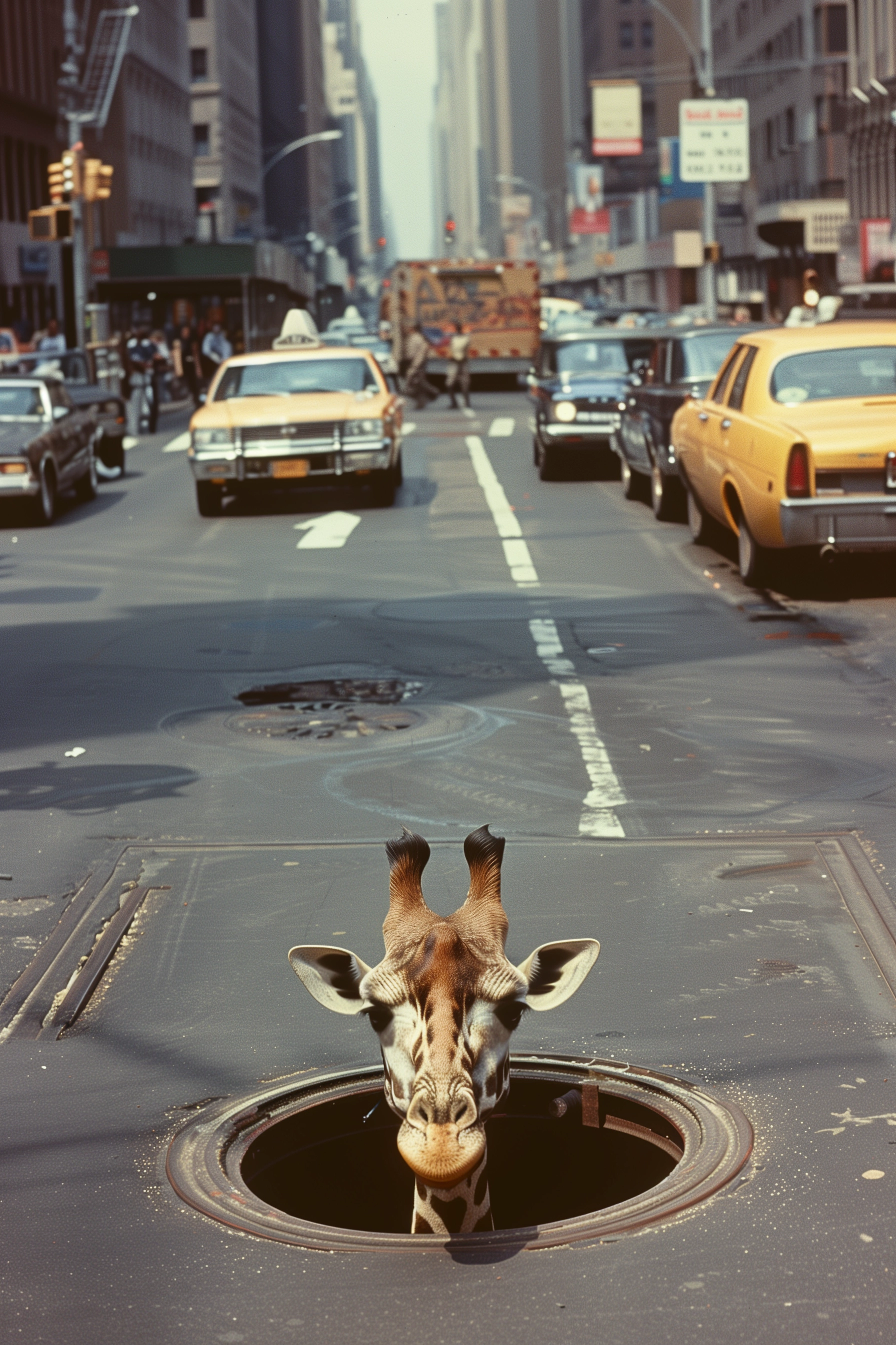 Photorealistic Giraffe in 1970s NYC Street Scene