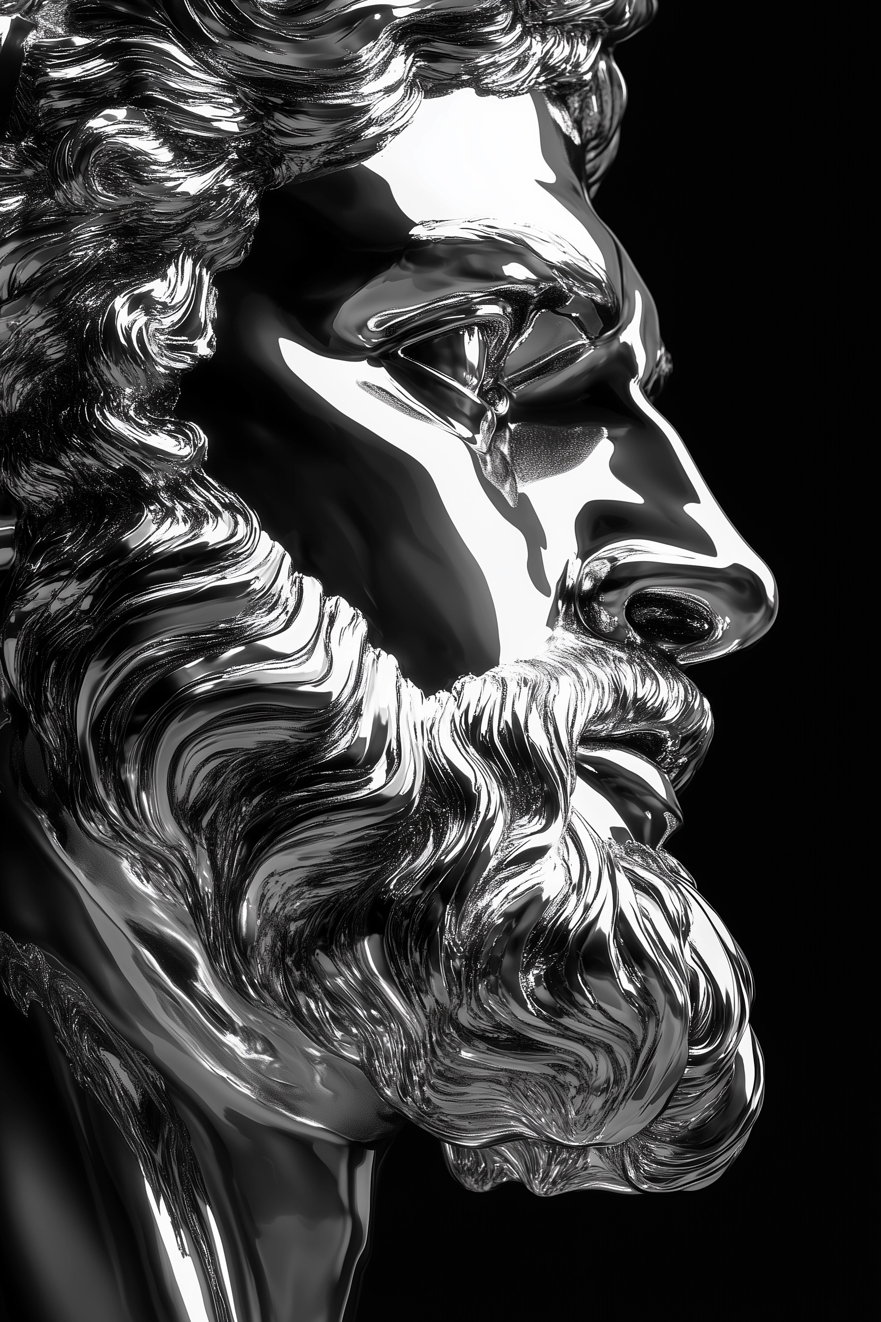 Shiny Silver 3D Greek Statue on Black Background