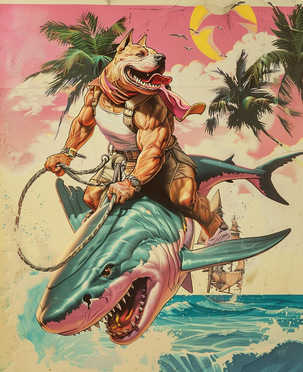 Pit Bull Warrior: Muscular, 1983 Gang Attire, Riding Shark