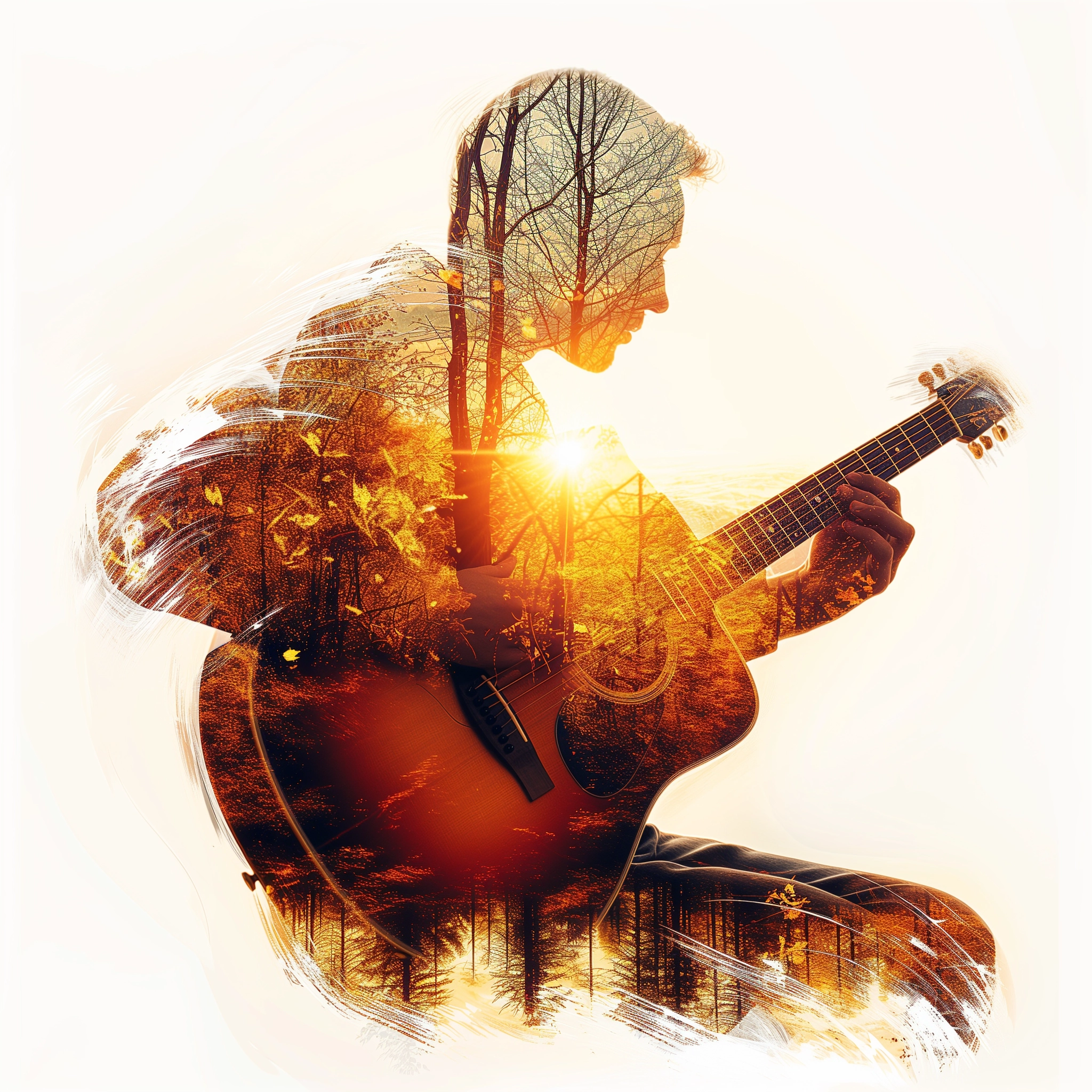 Hyperdetailed Double Exposure Acoustic Guitar Art - Four Seasons Reflections