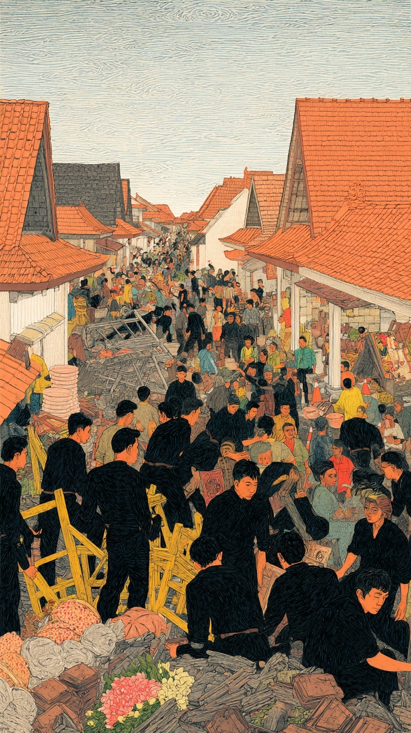 Vivid Medieval Scene: Crowds & Colorful Chaos