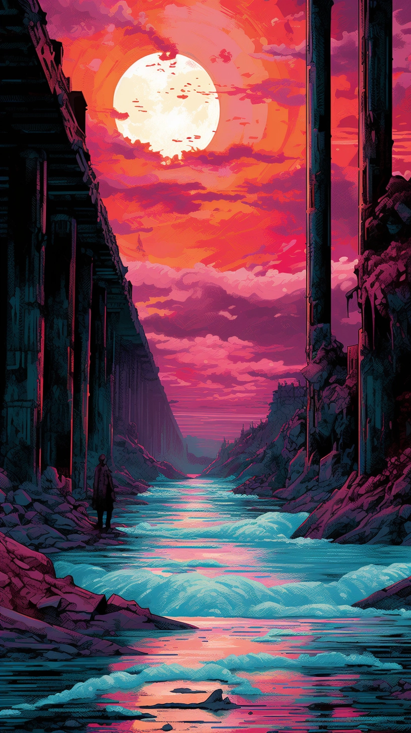 Sci-Fi Noir Adventure: River & Sun Painting