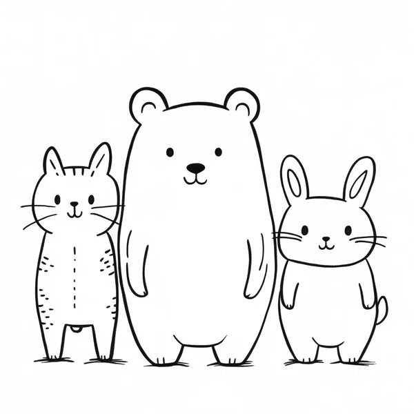 Kawaii Animal Trio: Bear, Cat & Bunny Line Art