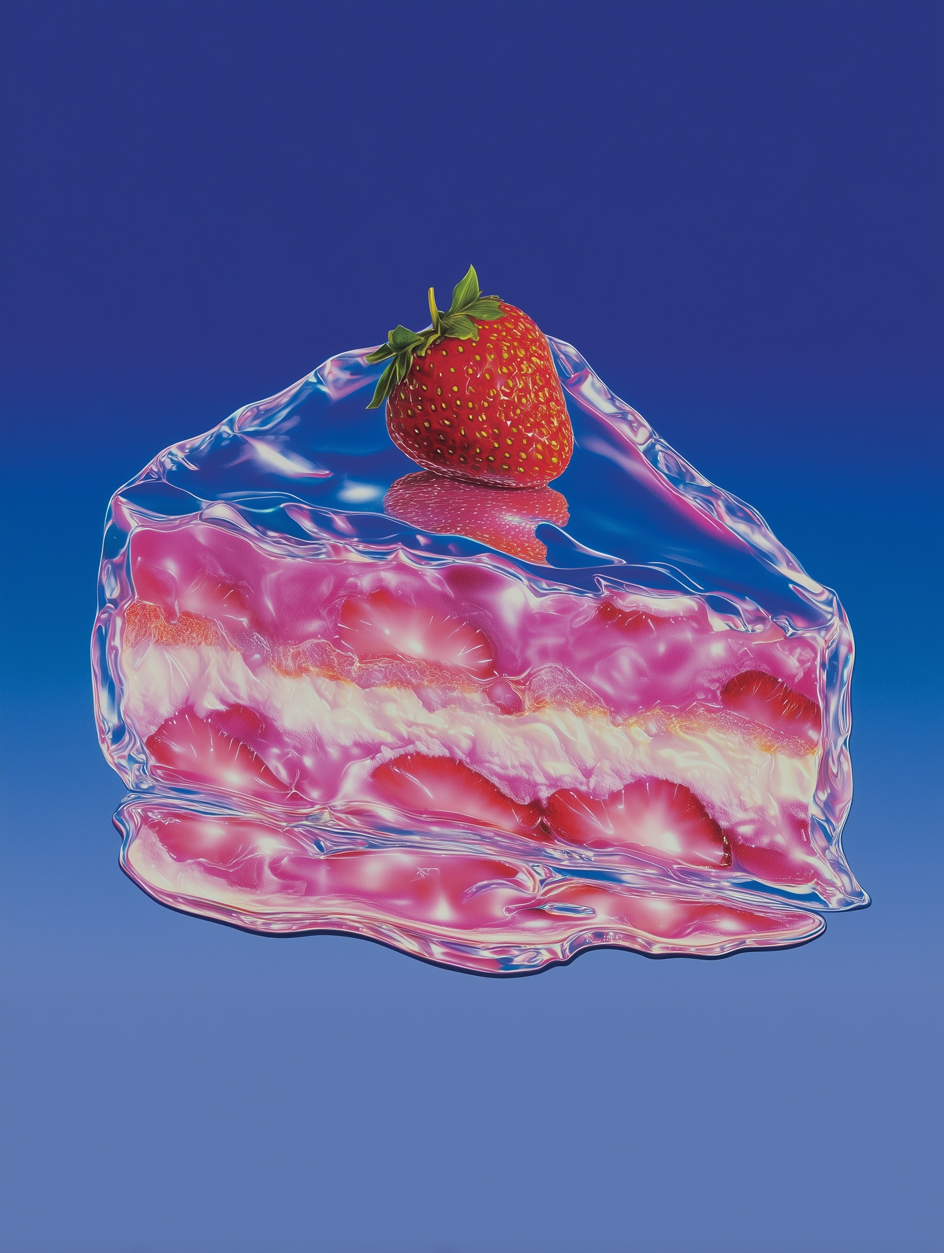 Minimalist Strawberry Cake Slice on Solid Background