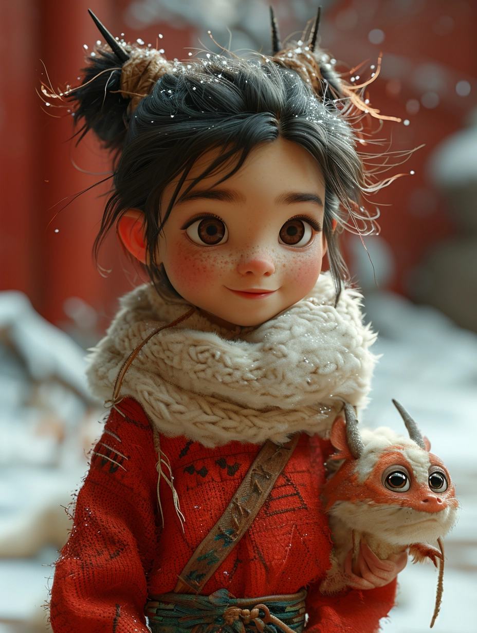 Festive Chinese New Year: Cute Red Dragon & Girl in Sweaters