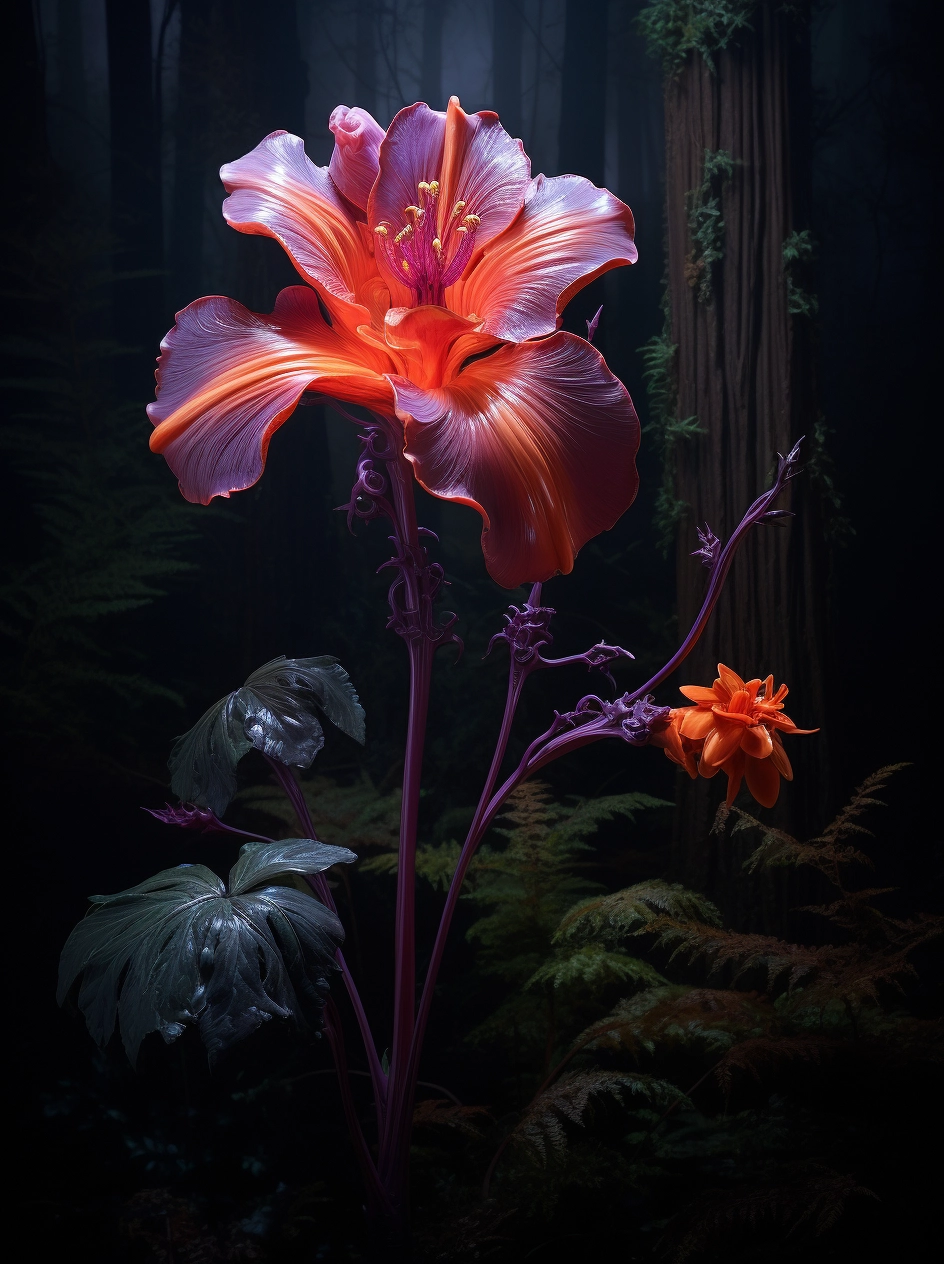 Hyper-realistic Sculptures: Beautiful Purple Flower in Dark Forest