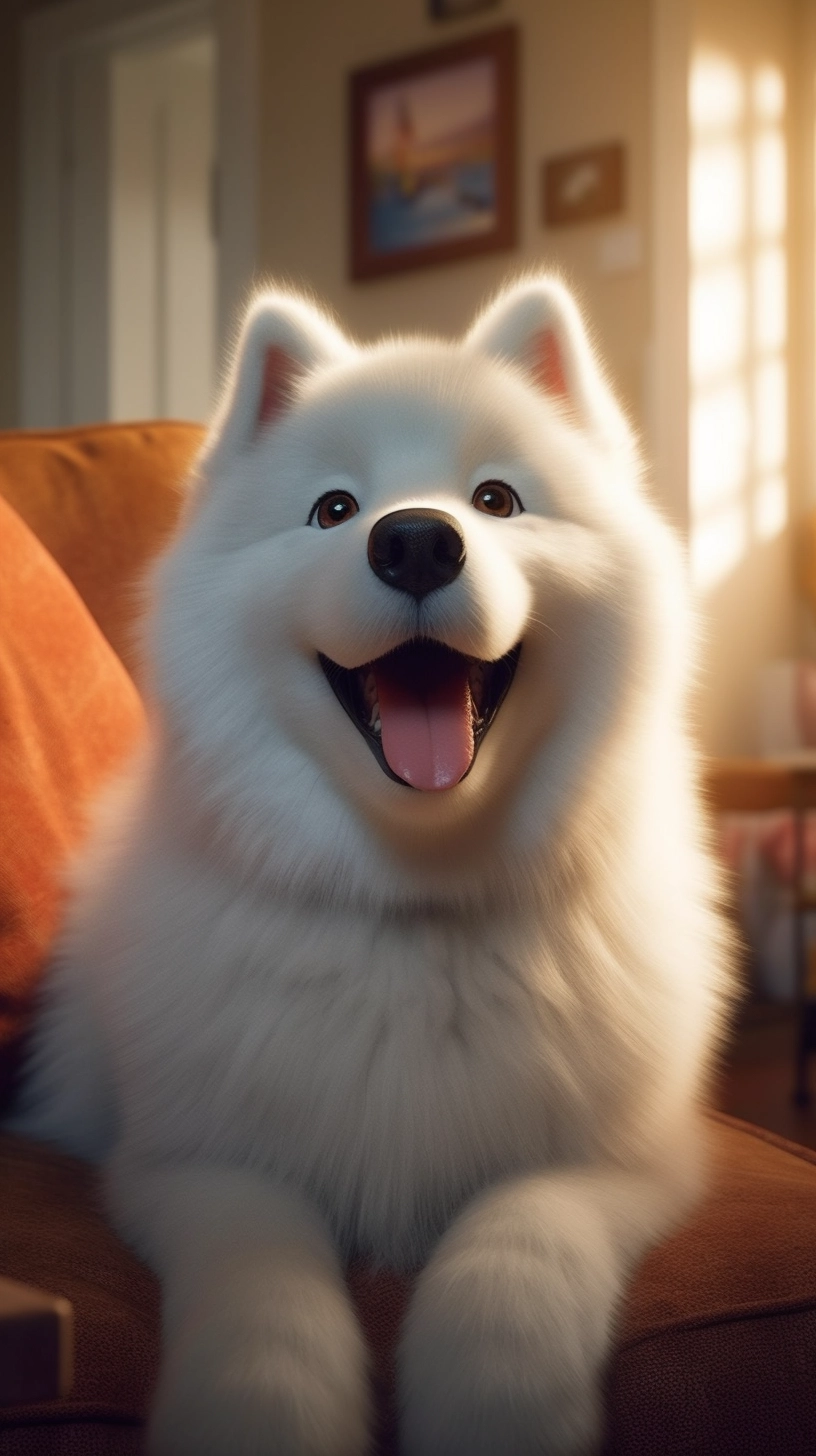 Happy Samoyed in Pixar-style Living Room