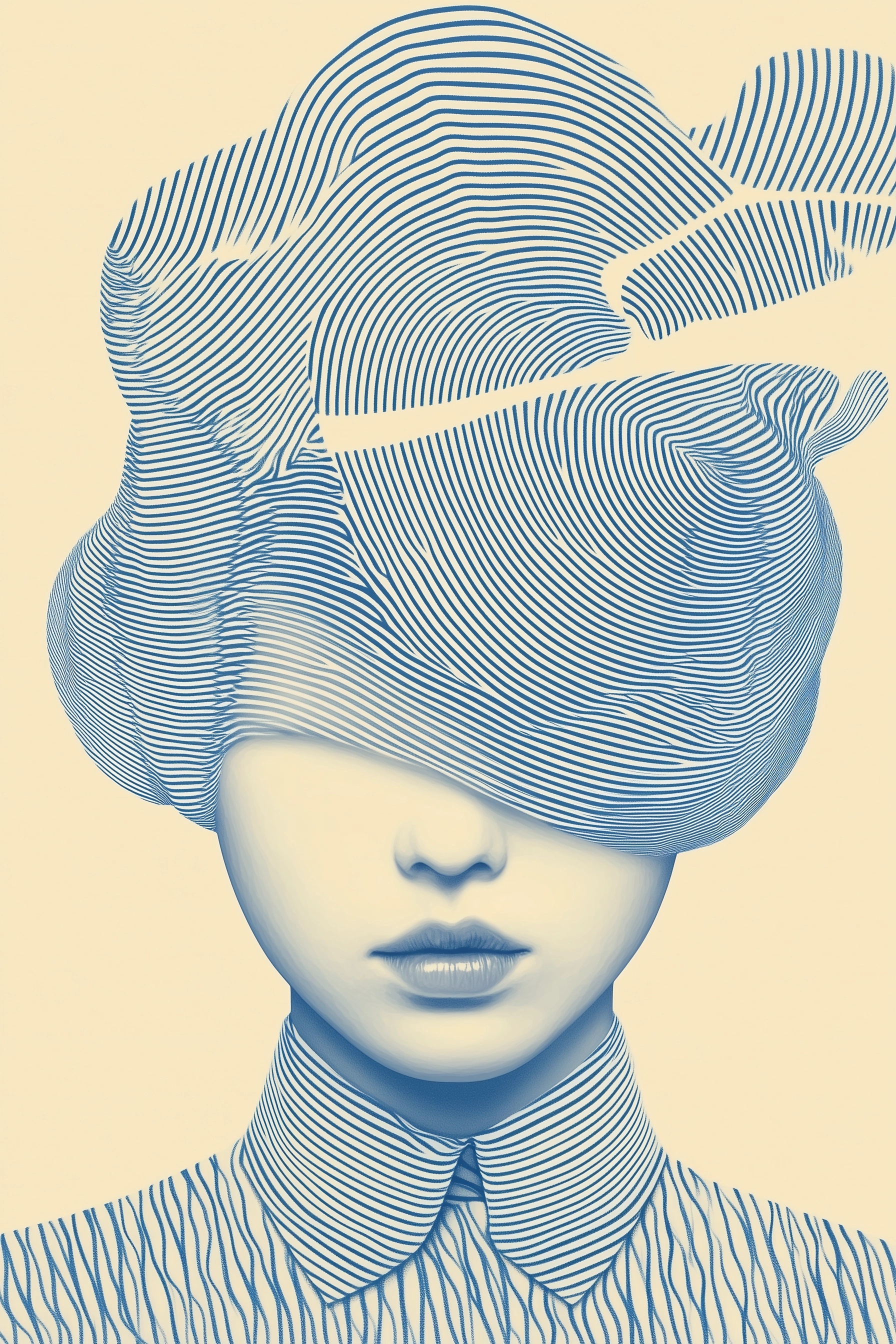 Surreal Art: Woman with Line Hair in Blue & White