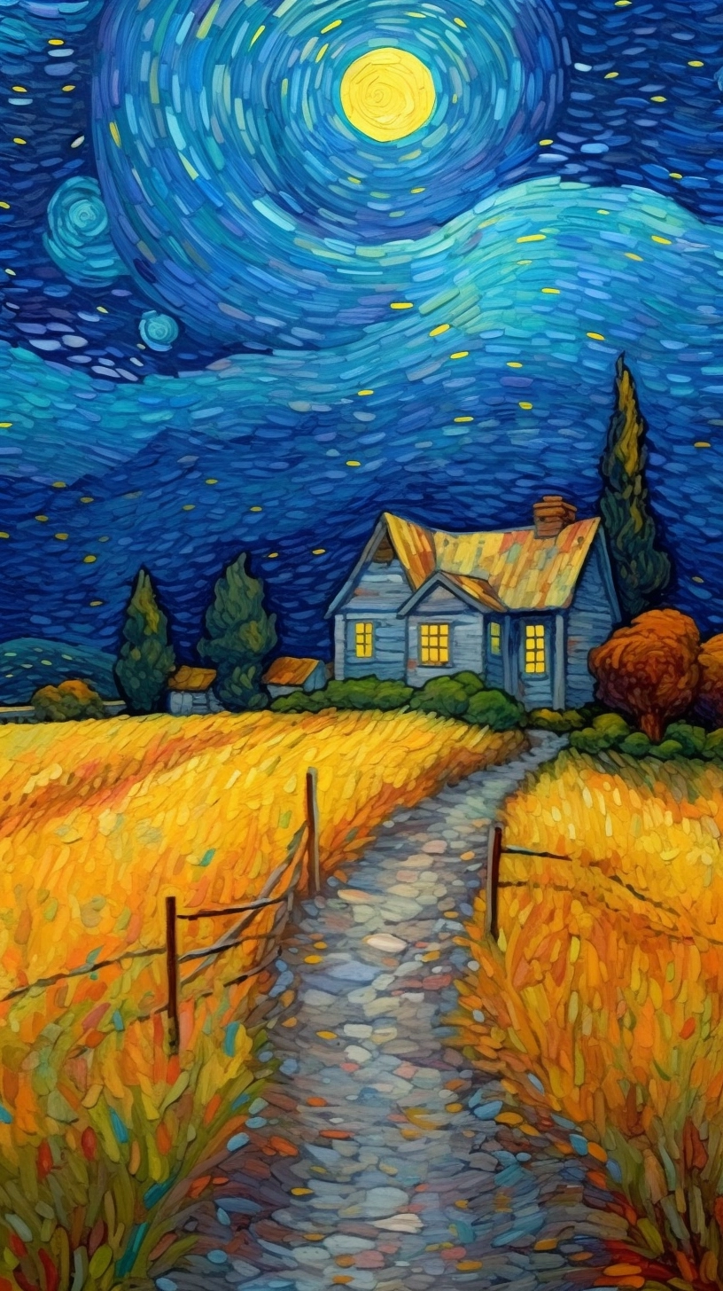 Van Gogh's Starry Sky House: Detailed 4K Countryside Pathway