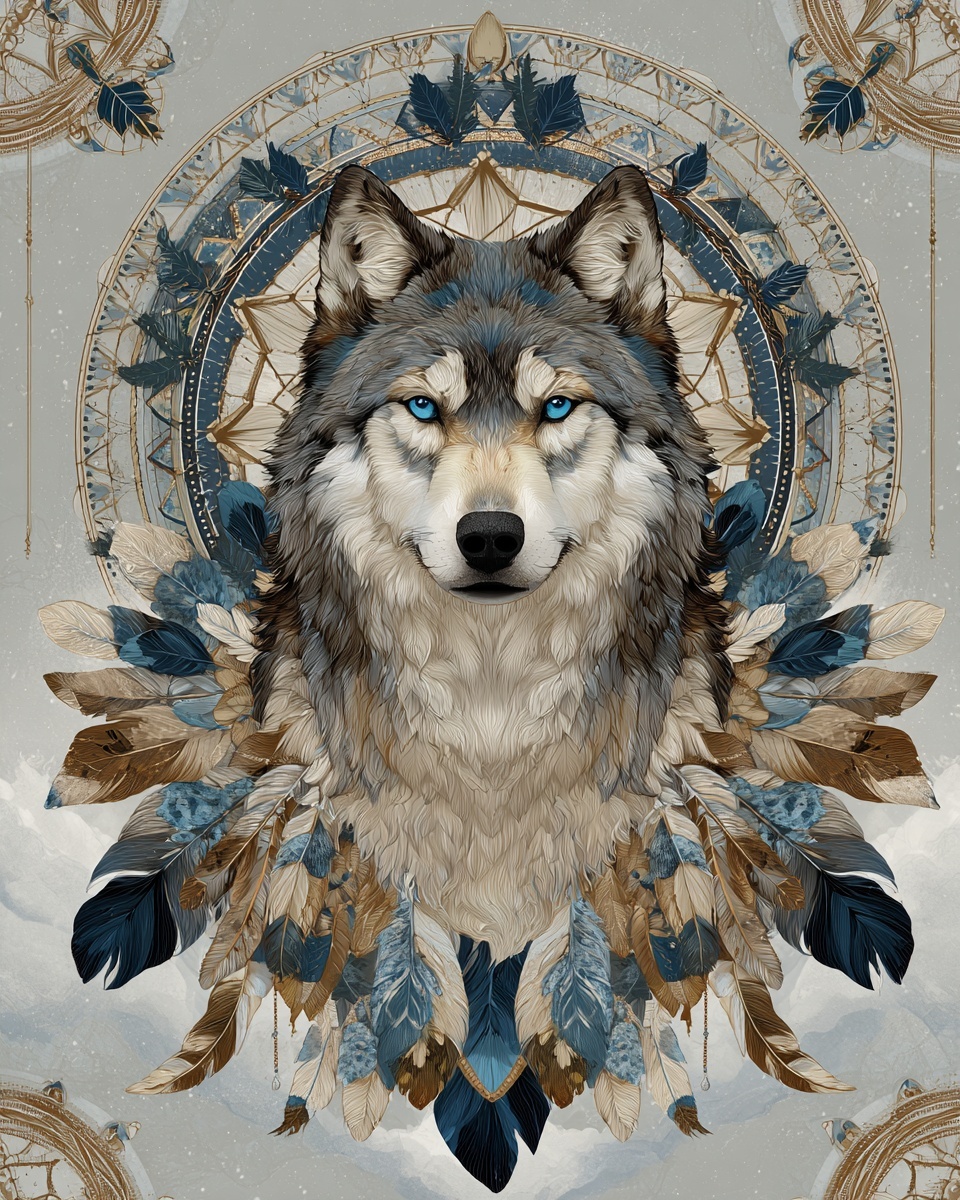 Powerful Wolf Design with Mystic Feathers