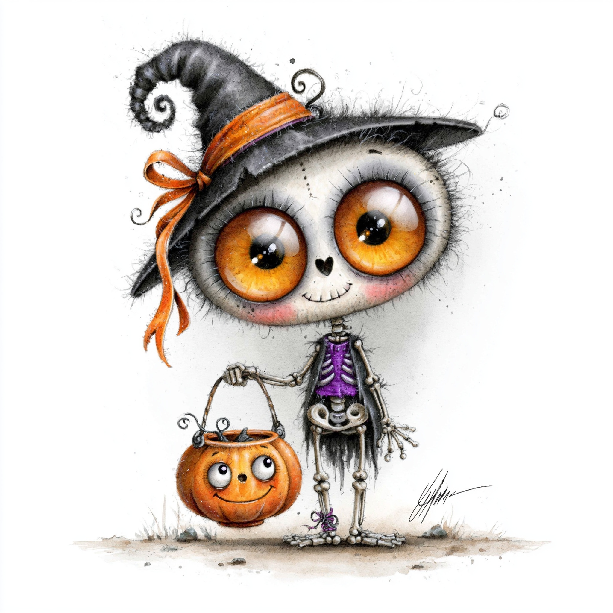 Cute Watercolor Halloween Skeleton Clipart