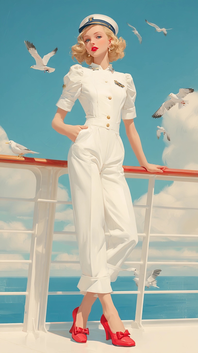 Stylish Young Girl on Deck: A Bright Morning Scene