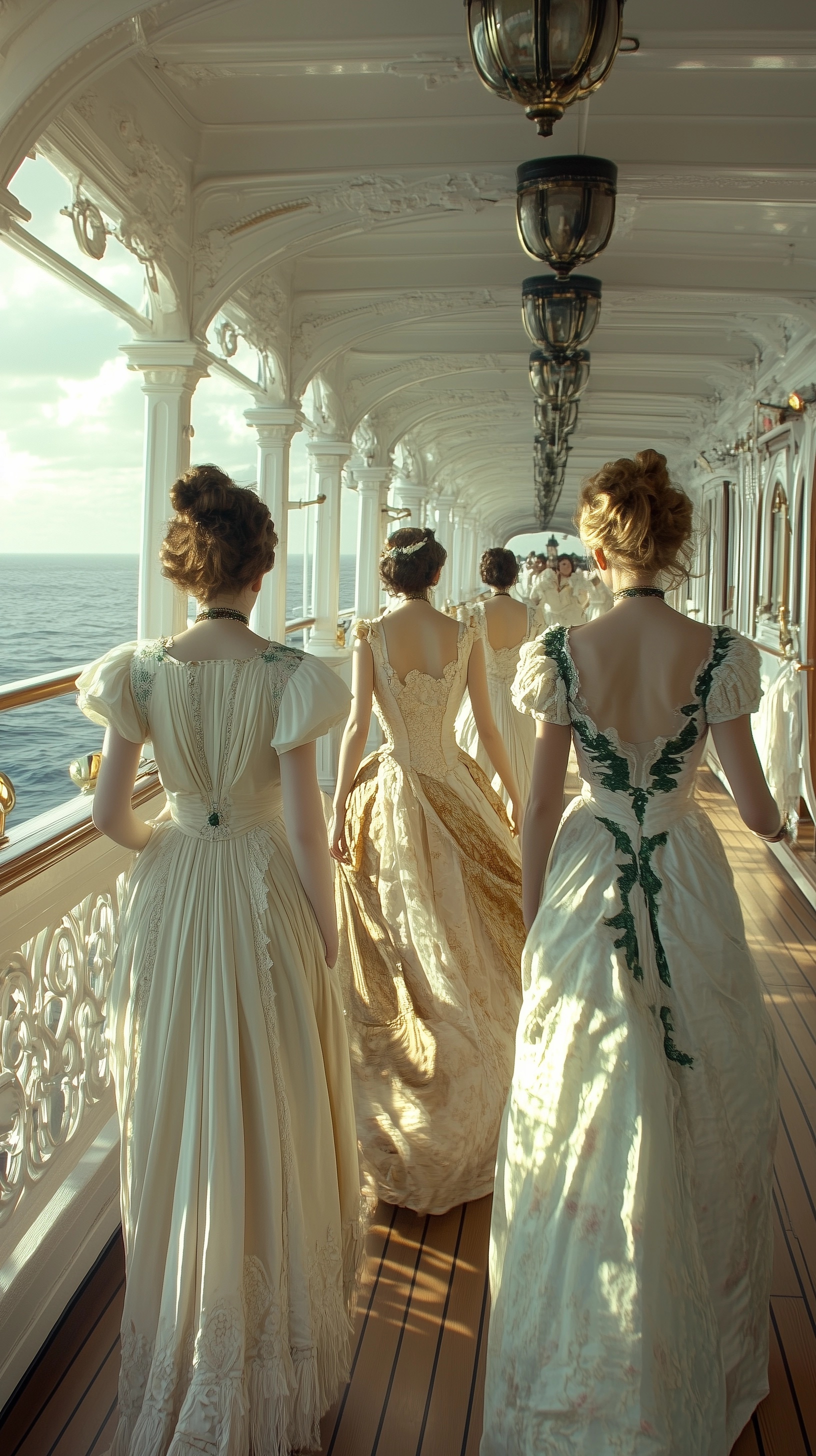 Elegant Ladies Stroll Titanic's Scenic Promenade Deck