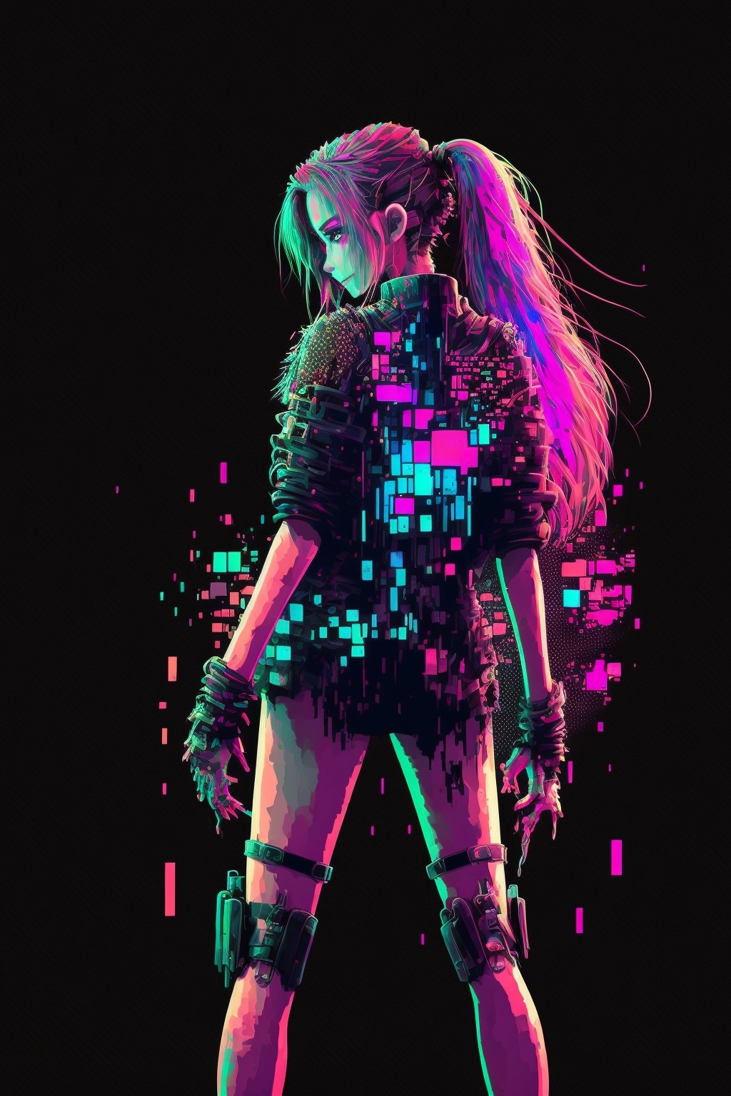 Neon Pixel Art: Cyberpunk Girl Dissolves into Pixels