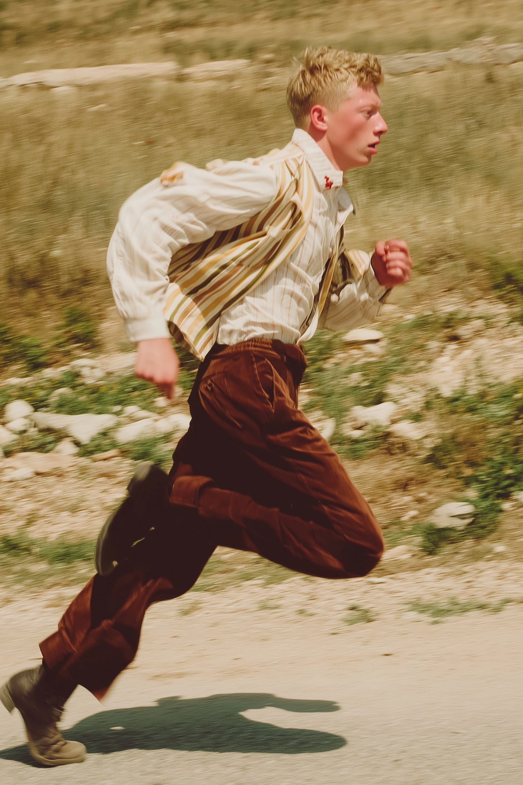 Dynamic Running Photo of Stylish Russian Youth