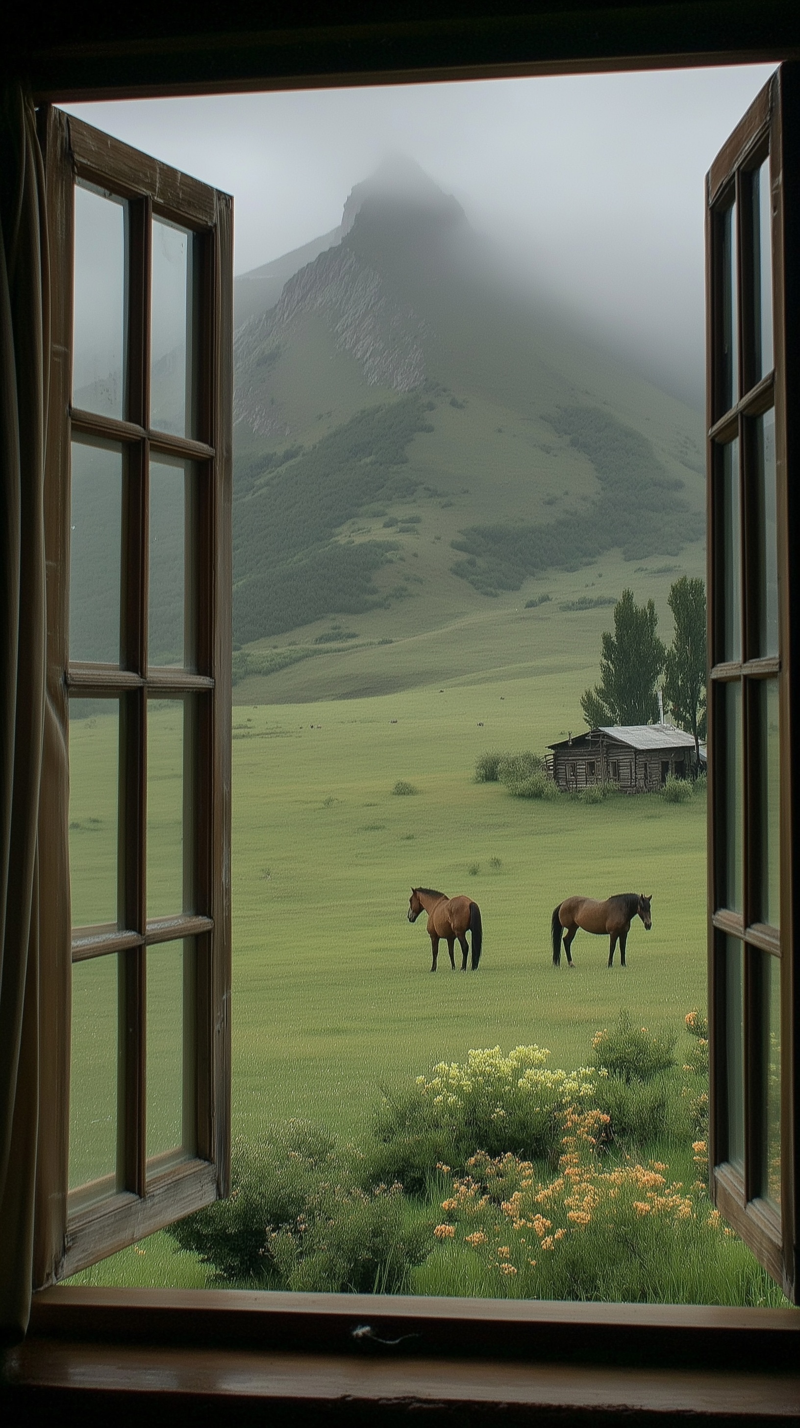 Dreamy Green Landscape with Horses and Mountains