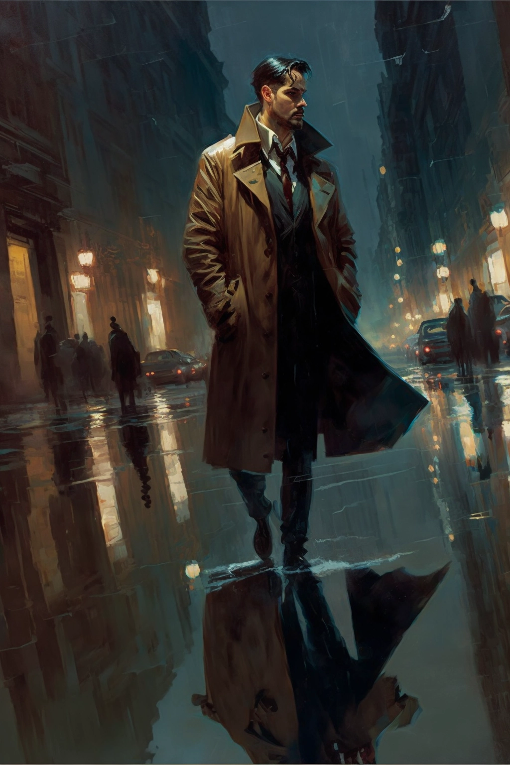 Detective in Trench Coat: Cinematic Night Scene