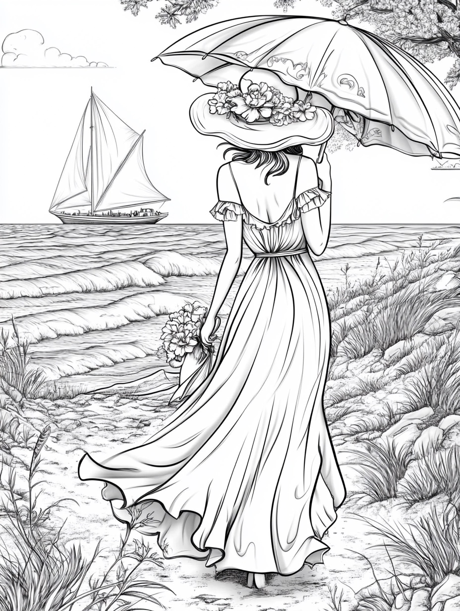 Elegant Beach Walk: Black and White Coloring Page