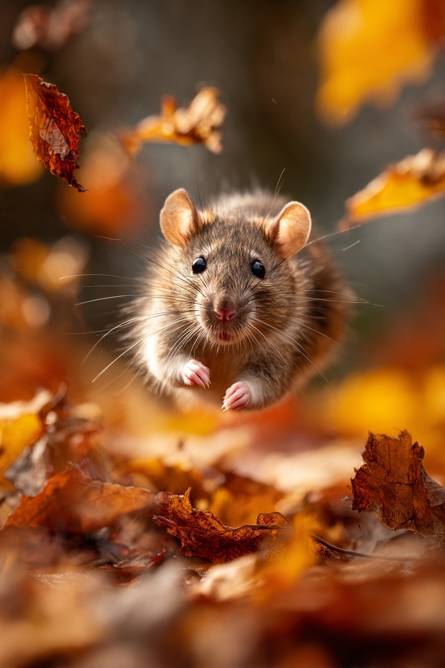 Jumping Rat in Vibrant Autumn Leaves