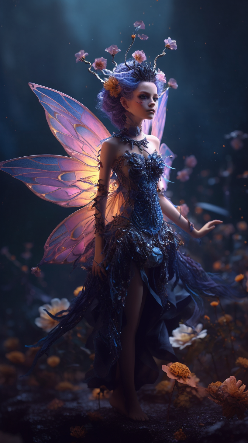 Fairy Woman with Iridescent Wings in Giant Flower