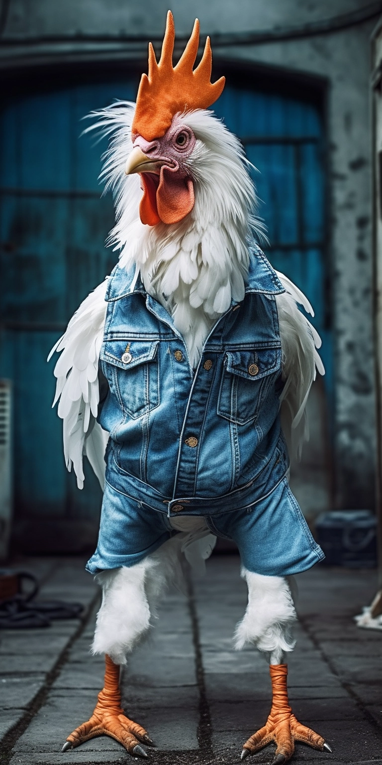 Denim-clad Rooster: A Playful Farm Fantasy