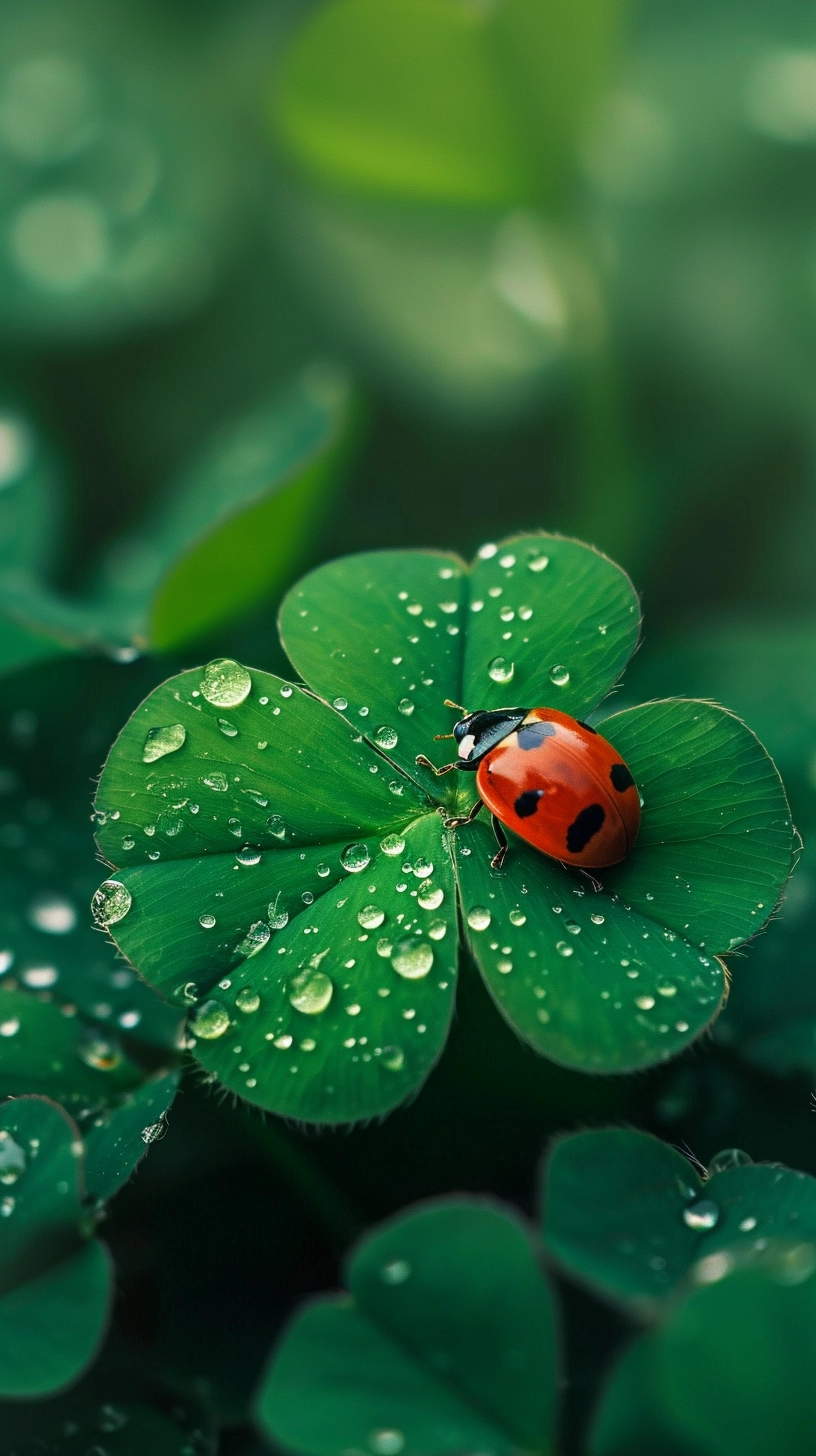 Lucky Charm: Ladybug on a Four-Leaf Clover with Dew