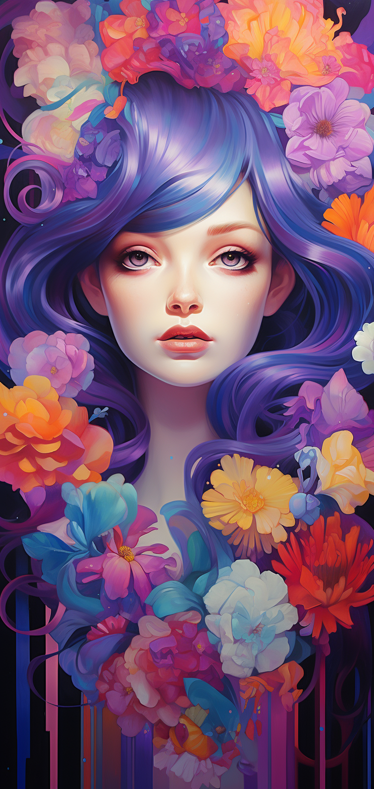 Pop Surrealism: Colorful Flowers & Beautiful Women on a Purple Background