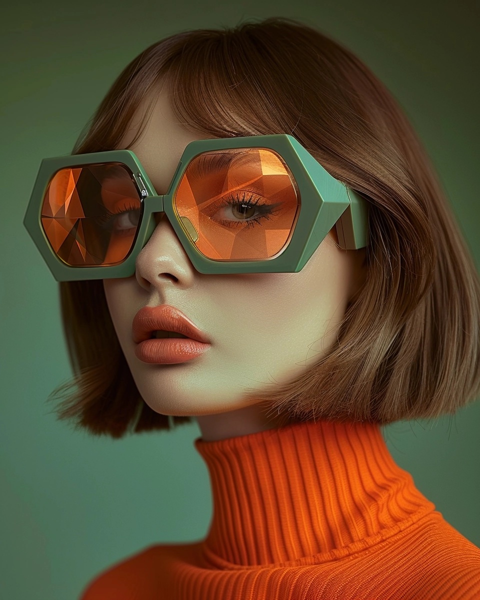 Bright & Bold: Retro-futuristic Woman in Red-Orange Bob & Geometric Matte Glasses