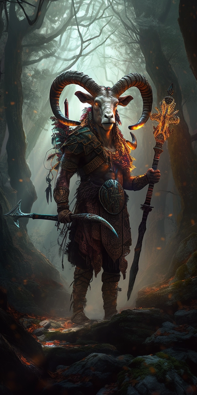 Mystical Ram Warrior: Epic Battle in a Colorful Realm