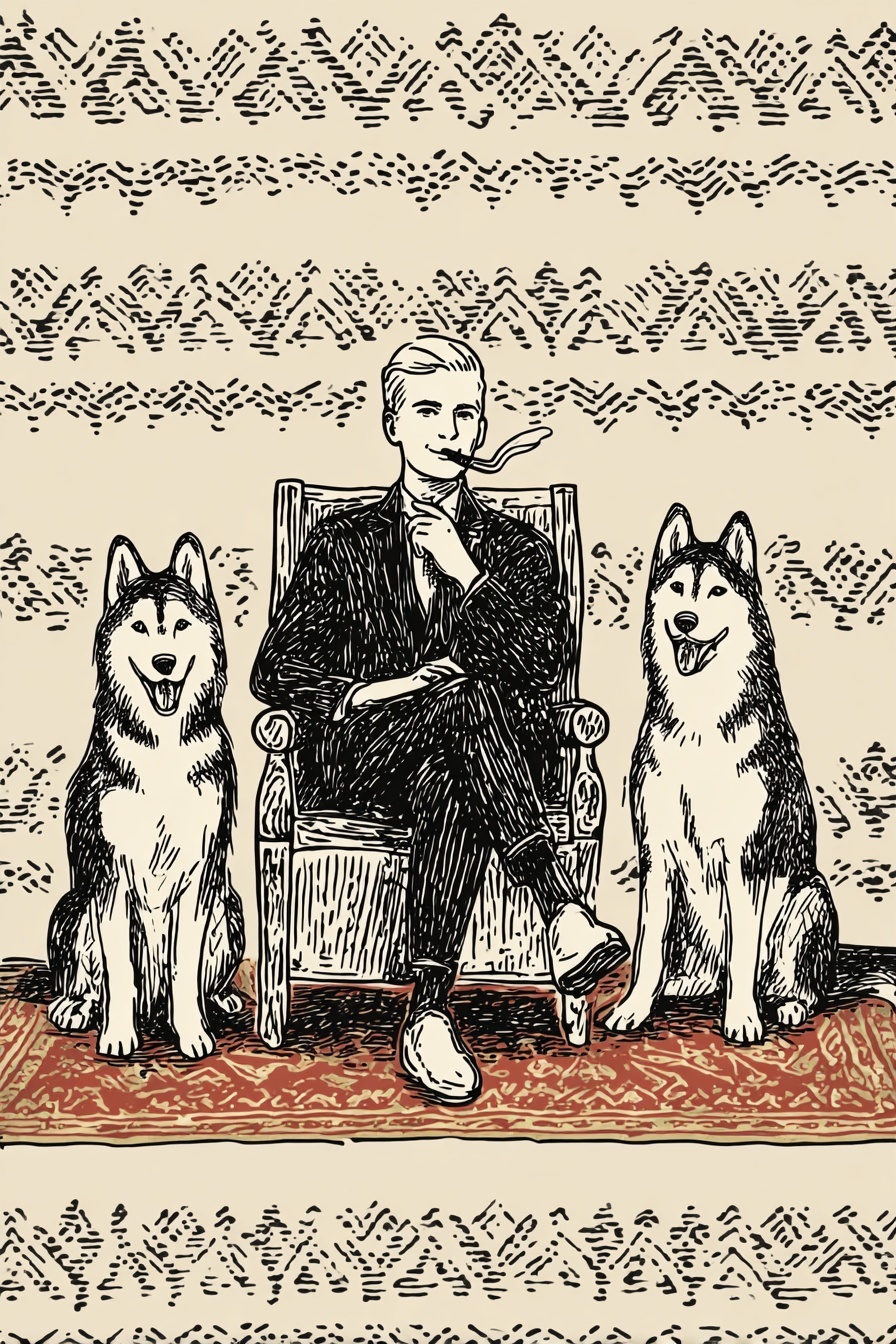 Regal Young Man Throne with Giant Huskies
