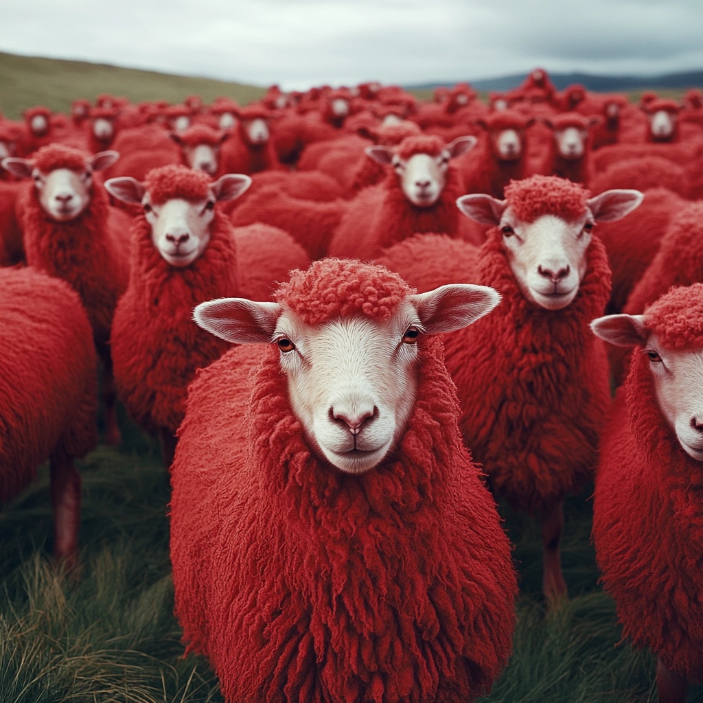 Vogue-Style Photoshoot: Red Sheep on Green Field