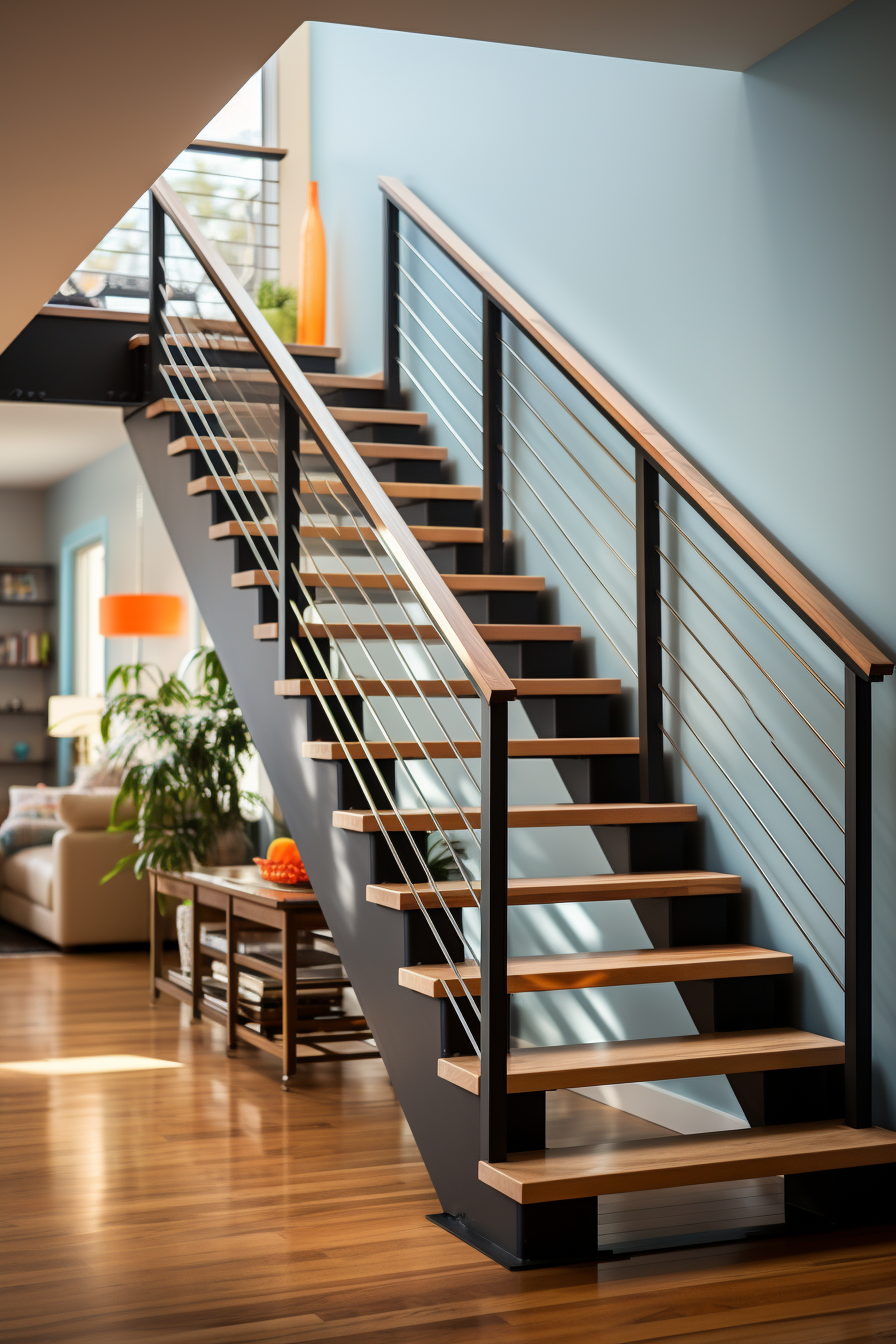 Modern Timber Stair Railings in Black Stainless Steel Design