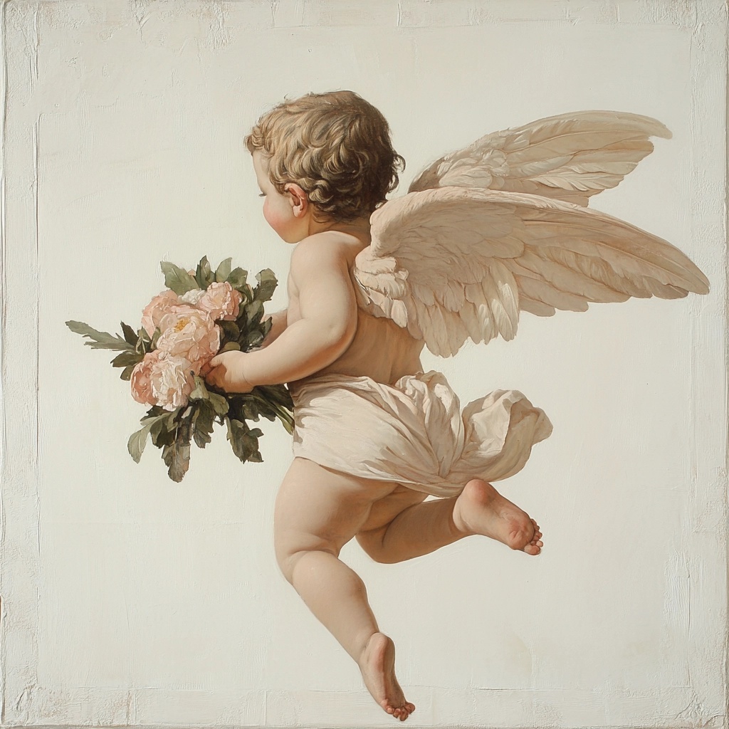 Renaissance Cherub: Delicate Bouquet in Flight