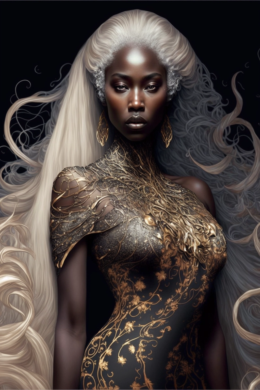 Ethereal White & Golden Gown on Striking Black Woman