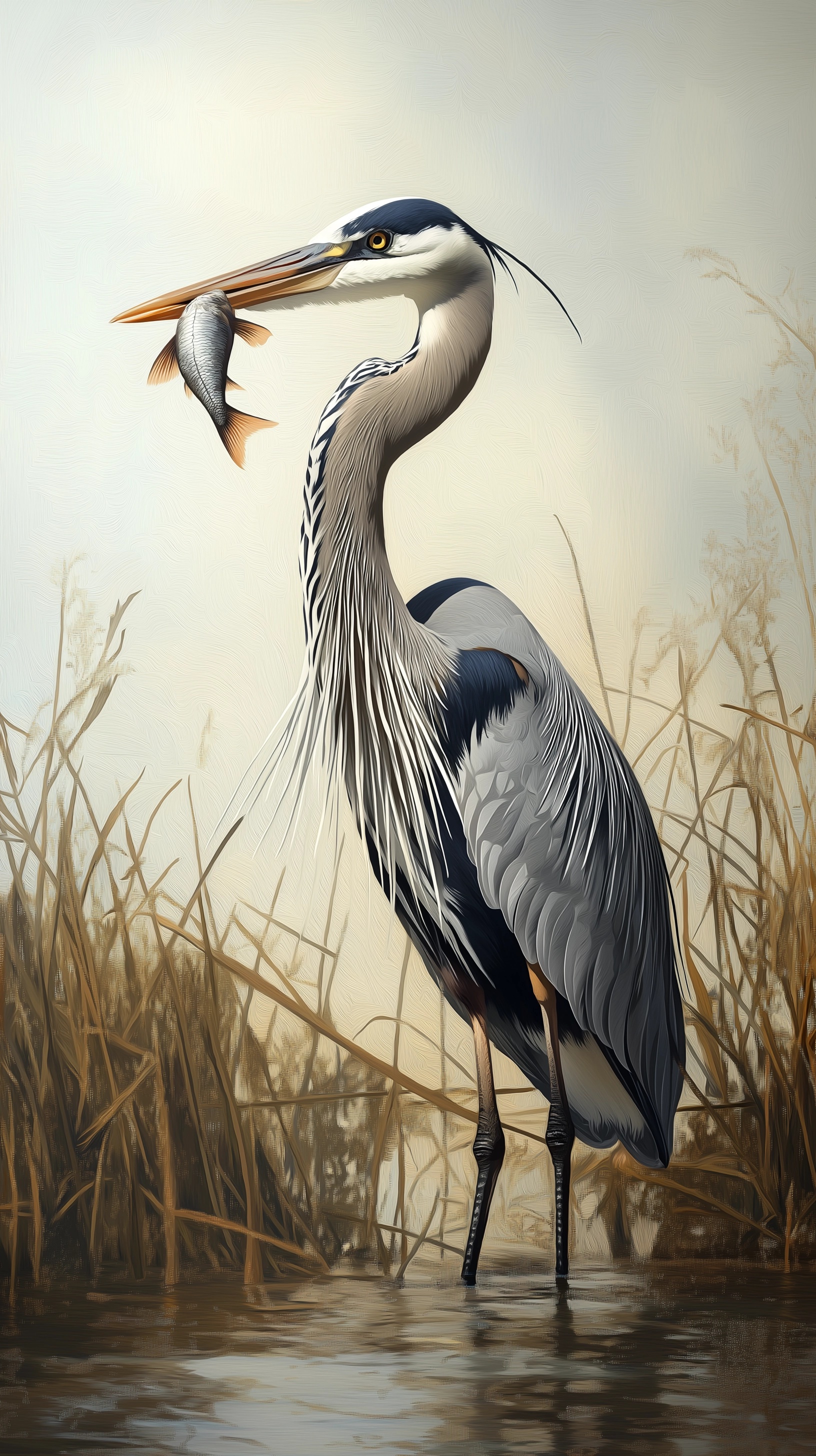 Heron in Reeds: Captivating Realistic Art