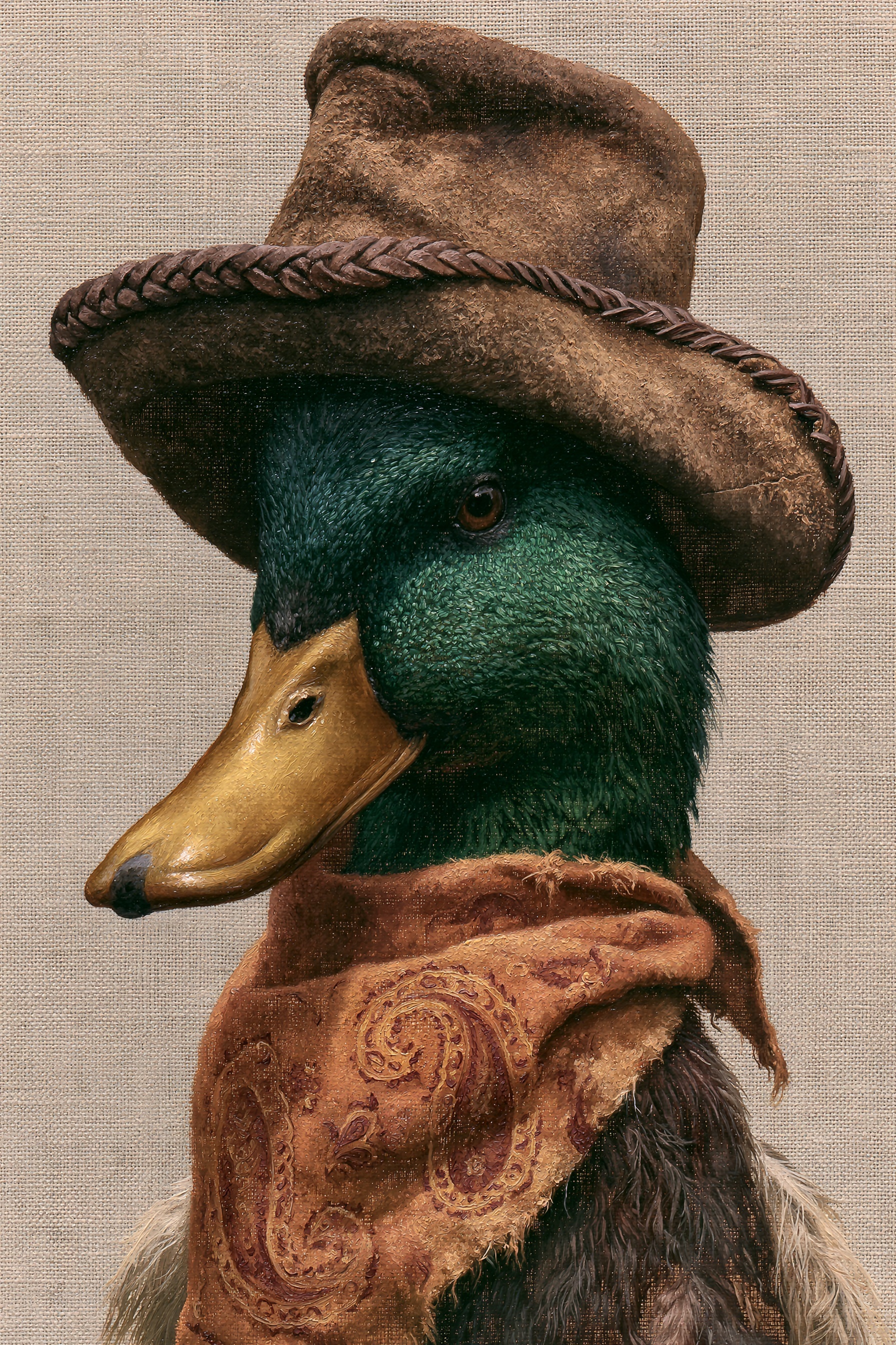 Vintage Mallard Duck Portrait in Cowboy Hat