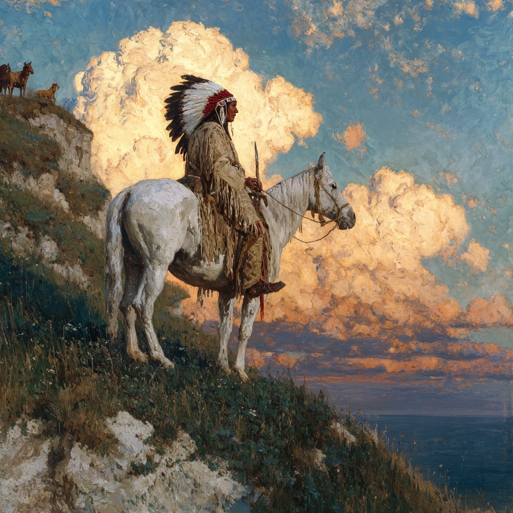Majestic Native American on White Horse at Sunset