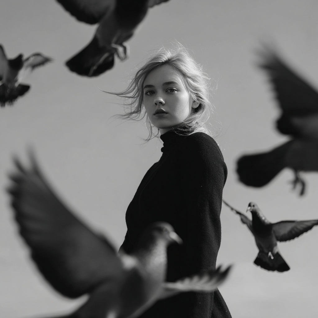 Striking Black & White Portrait: Woman and Pigeons