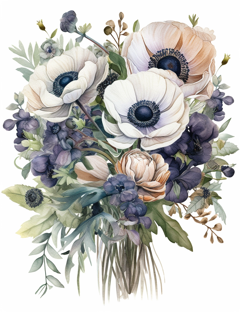 Anemone & Eucalyptus Wedding Bouquet - Elegant Watercolor Design