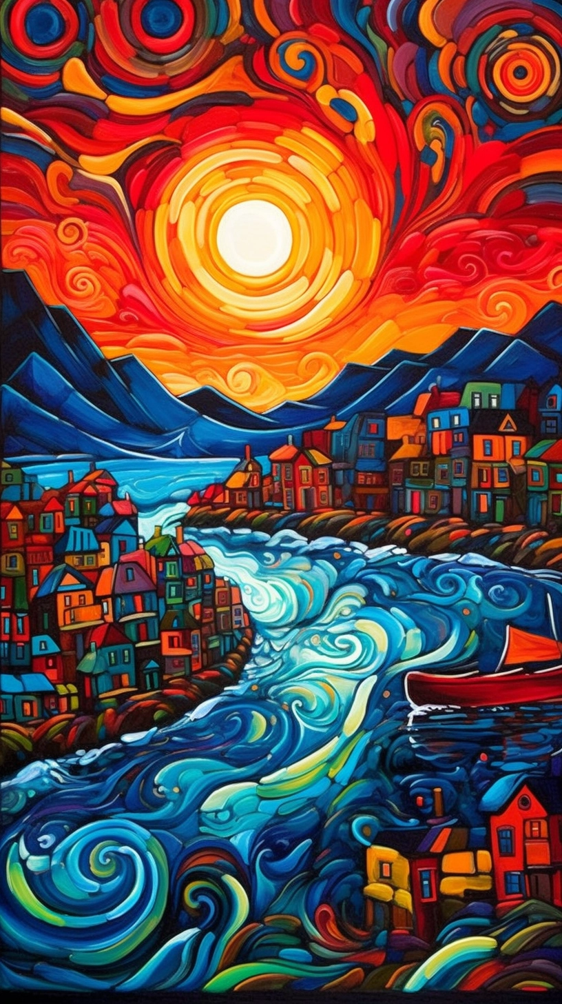 Coastal Village Sunset: Vibrant Film Print