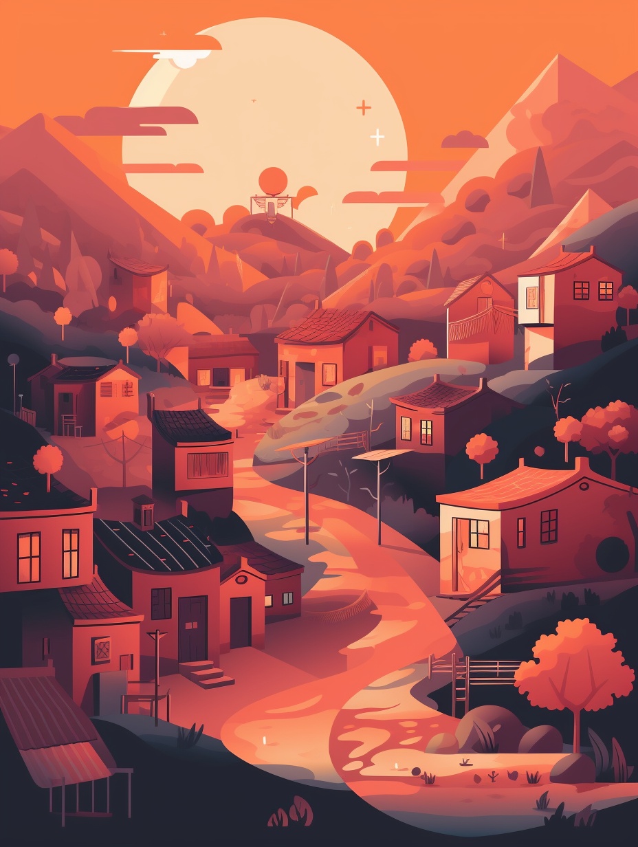 Anamorphic Adventure: Minimalist Village Illustration