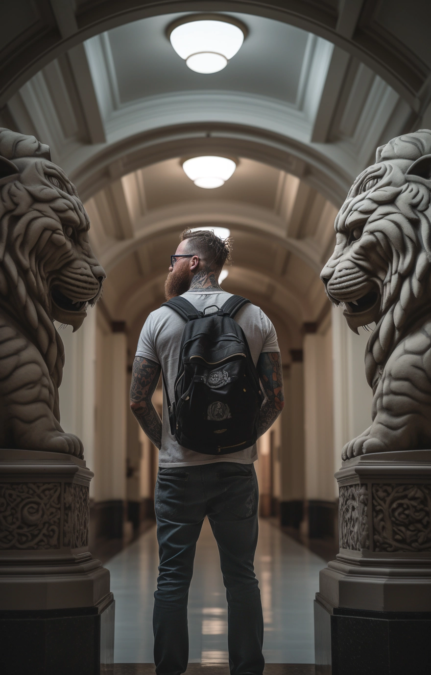 Intense Backpacker: Standing with Ancient Tiger Statue