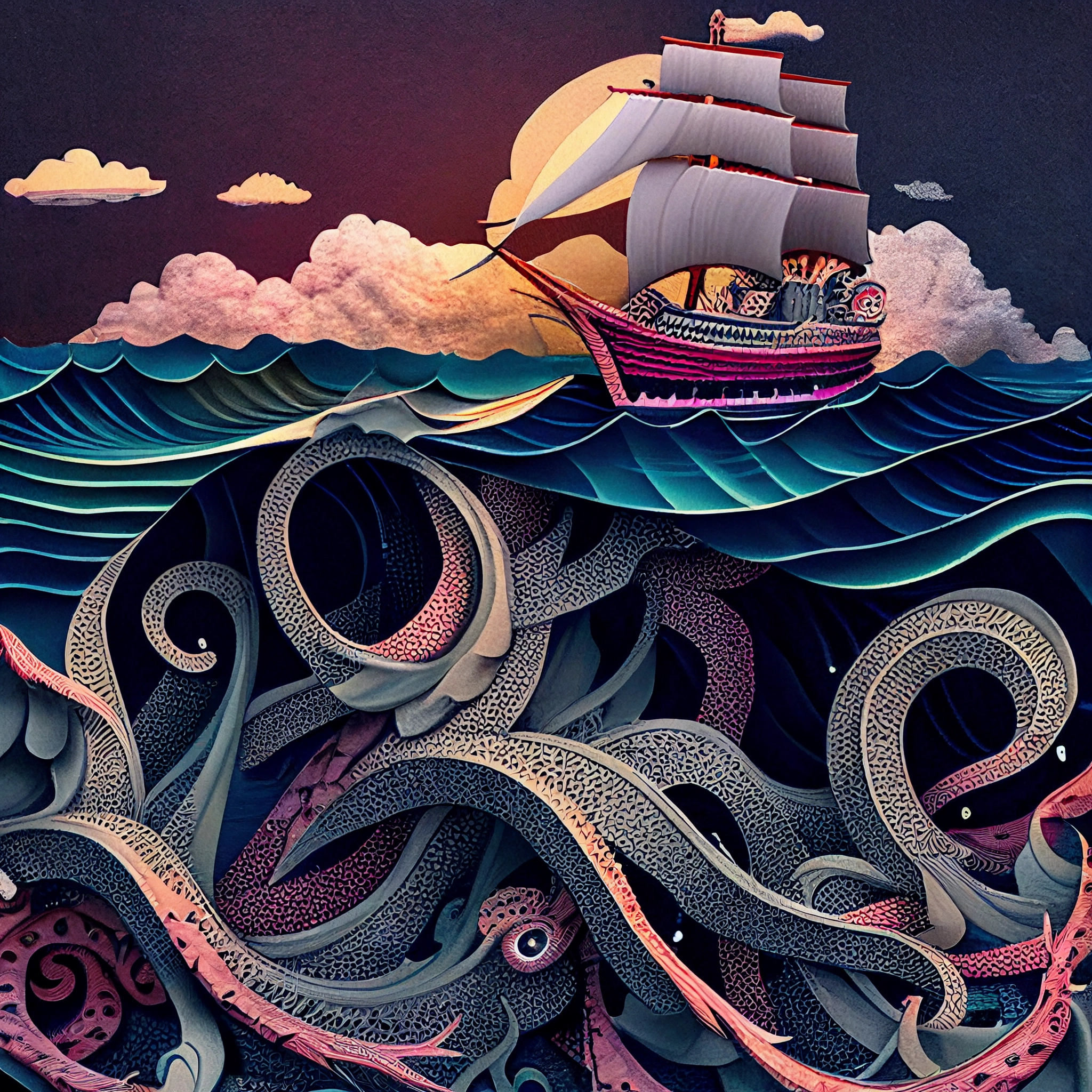 Colorful Paper Cut Art: Kraken Beneath Boat