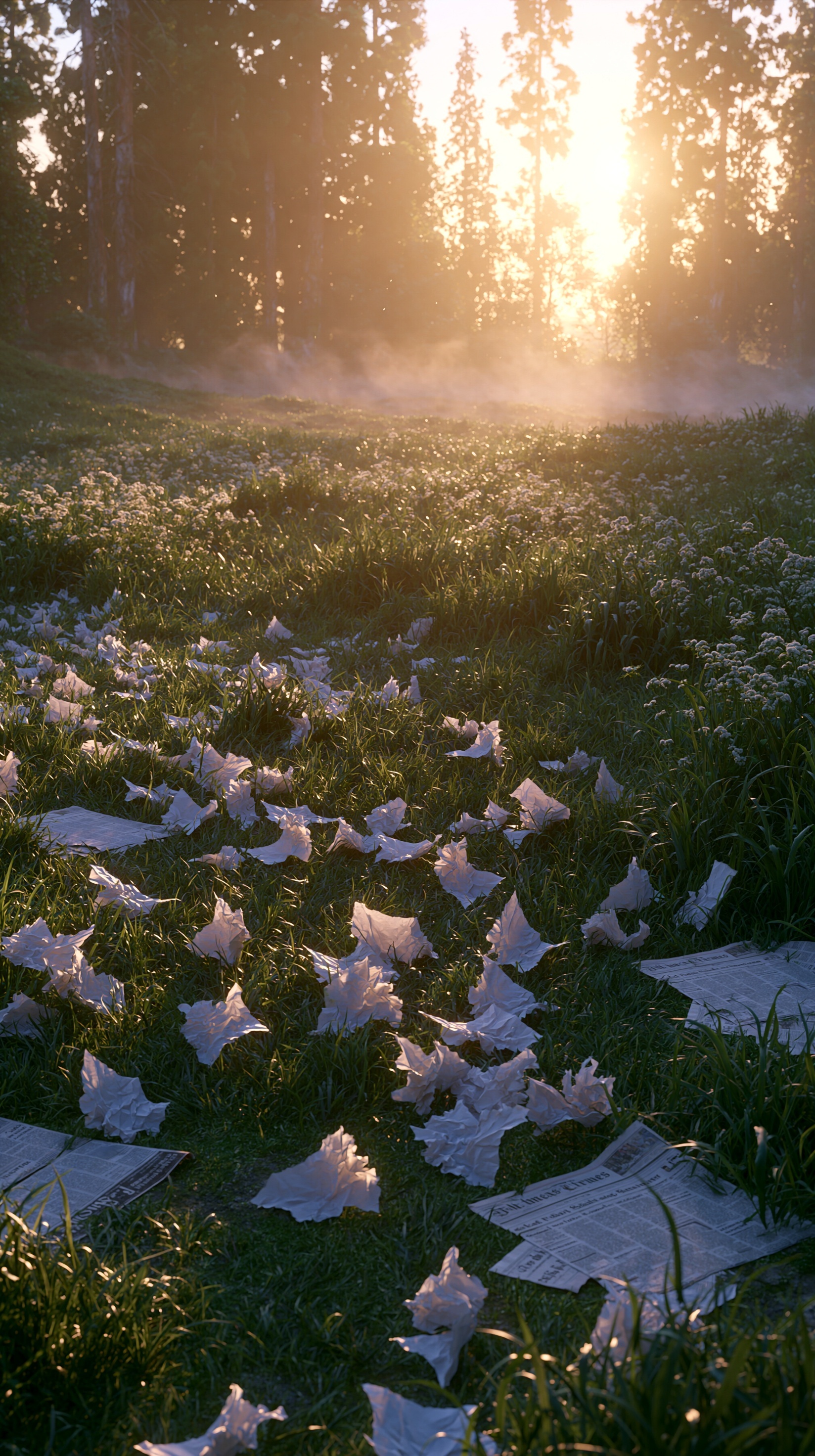 Serene Countryside Sunrise: Lush Fields & Mist