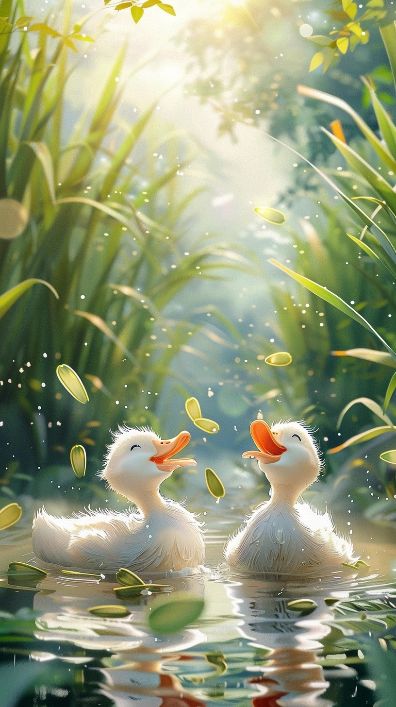 Sunlit Ducks in Flowery Watercolor Scene