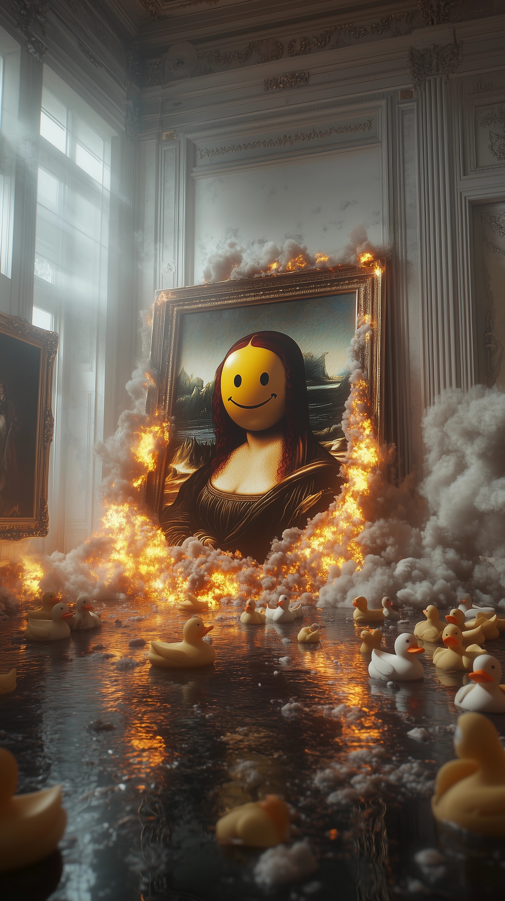 Surreal Mona Lisa: Smiley Face in Fiery Display